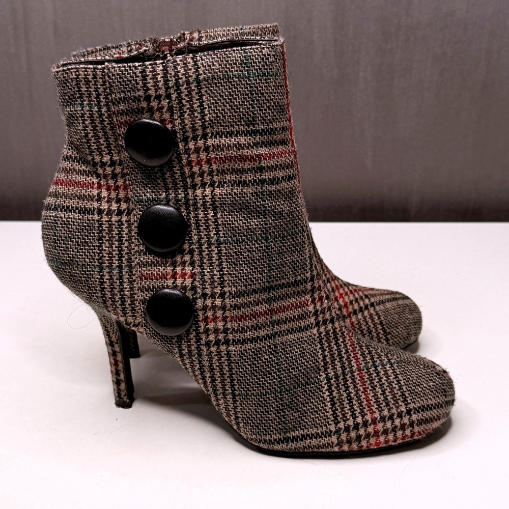 Diba Ankle Boots Women 8.5 Brown Plaid Stiletto Button Detail Y2K Office Booties